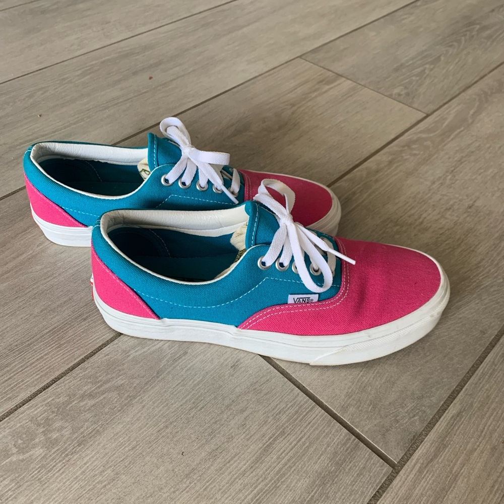 Turquoise and pink canvas vans. Woman size 8.5.